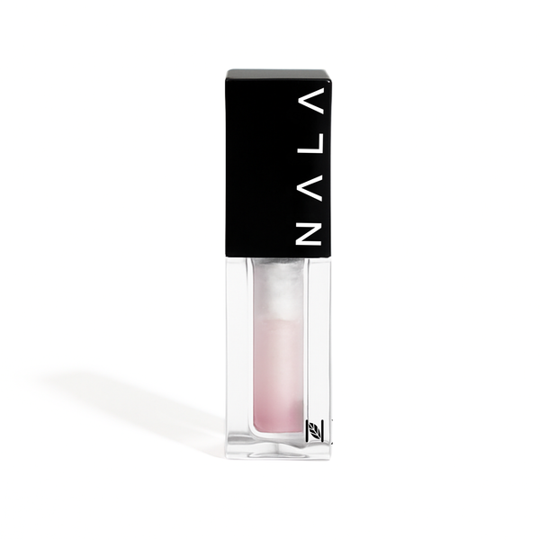 Nala Mood Swings lip gloss in a clear rectangular tube showing a light pink gloss, with a black cap featuring the white NALA logo, on a white background.