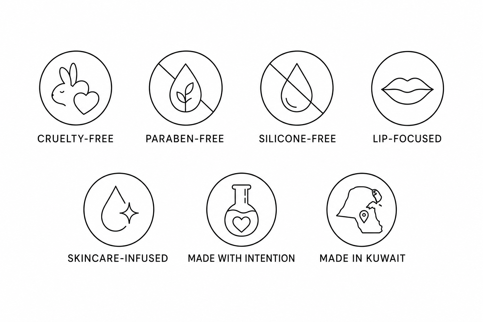 NALA trust points including cruelty-free, paraben-free, silicone-free, lip-focused, skincare-infused, made with intention, and made in Kuwait